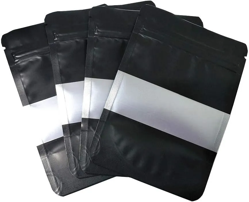 PABCK 100 Pcs 4.7x7.87 inch Matte Black Resealable Stand Up Bags with Window Heat Seal Bulk Food Storage Packaging Foil Pouches