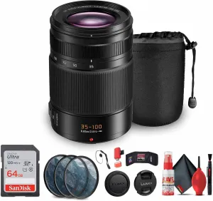 Panasonic Leica DG Vario-Elmarit 35-100mm f/2.8 Lens (H-ES35100) Bundle Including: 64 GB Memory Card, 3-Piece Filter Kit, Lens Caps, Lens Pouch, Cap Keeper, Full Cleaning Kit, Card Reader, Card Wallet