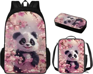 Panda 3Pc Backpack Set for Boys Multi-Functional Adjustable Straps Crossbody School Bag Grease Proofing Recycle Food Bag for Travel Work Office Climbing School