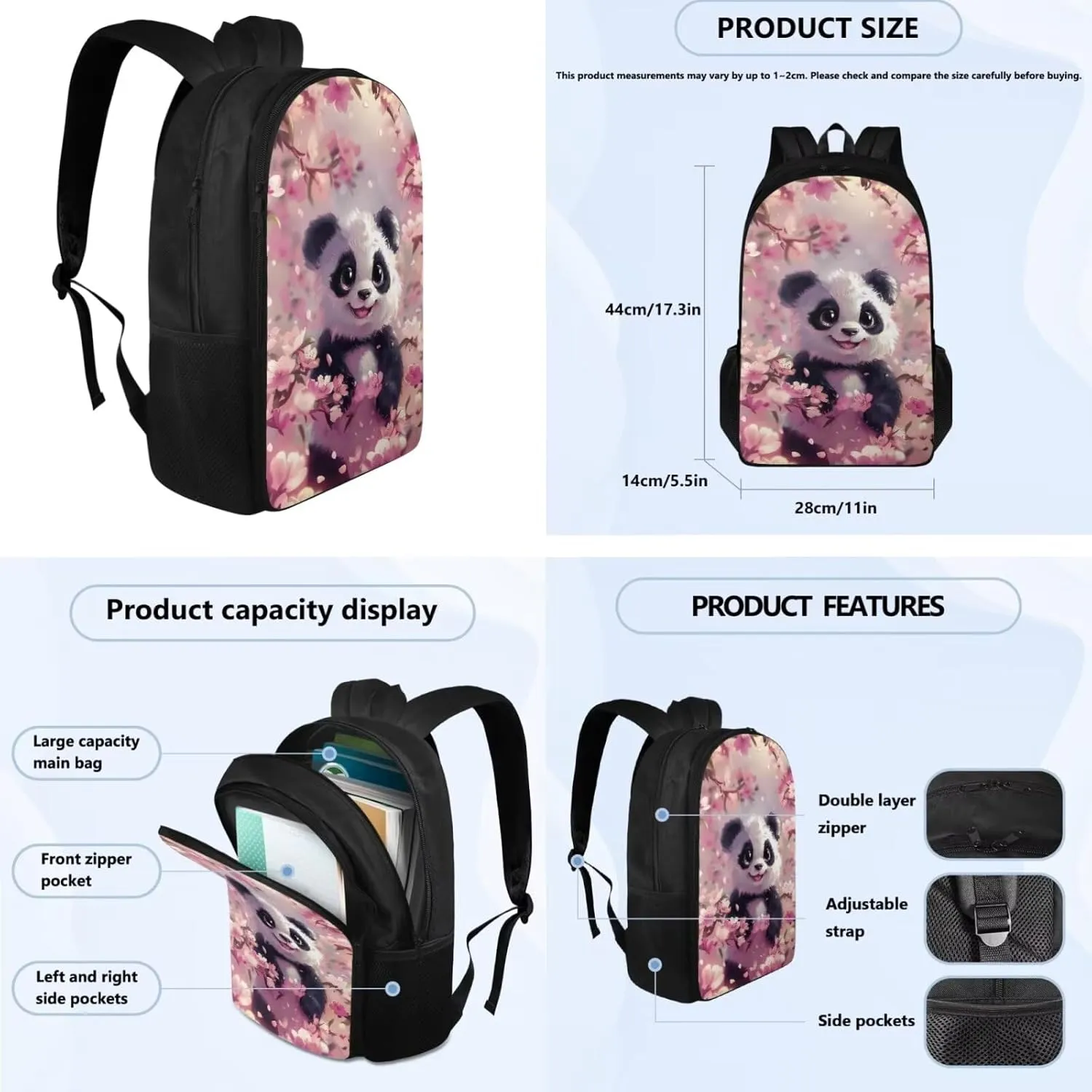 Panda 3Pc Backpack Set for Boys Multi-Functional Adjustable Straps Crossbody School Bag Grease Proofing Recycle Food Bag for Travel Work Office Climbing School