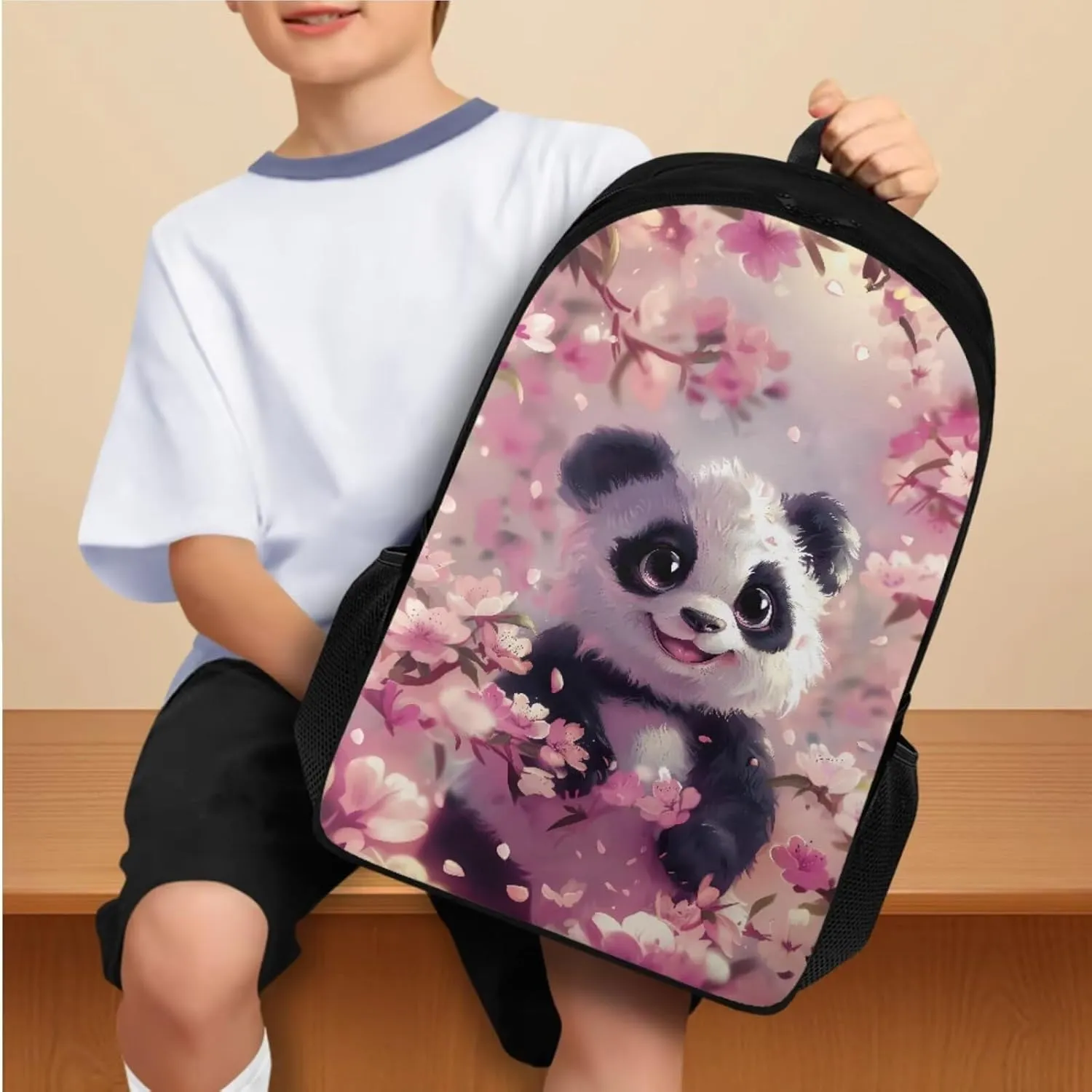 Panda 3Pc Backpack Set for Boys Multi-Functional Adjustable Straps Crossbody School Bag Grease Proofing Recycle Food Bag for Travel Work Office Climbing School