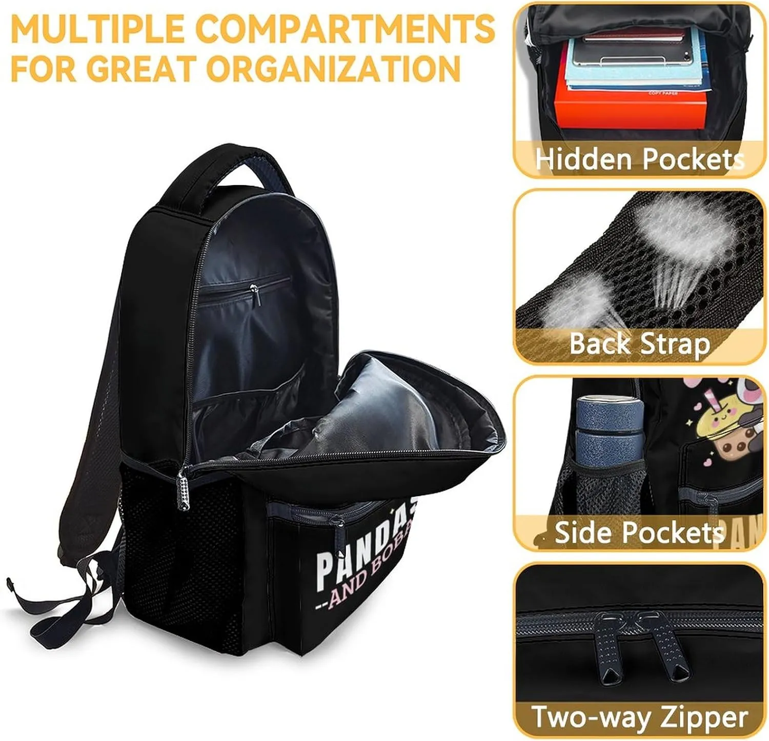 Panda Backpack for Girls Boys, 16 Inch Black Backpacks for School, Cute Lightweight Durable Bookbag for Kids