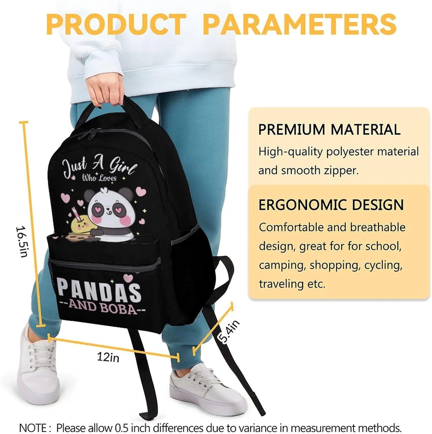 Panda Backpack for Girls Boys, 16 Inch Black Backpacks for School, Cute Lightweight Durable Bookbag for Kids