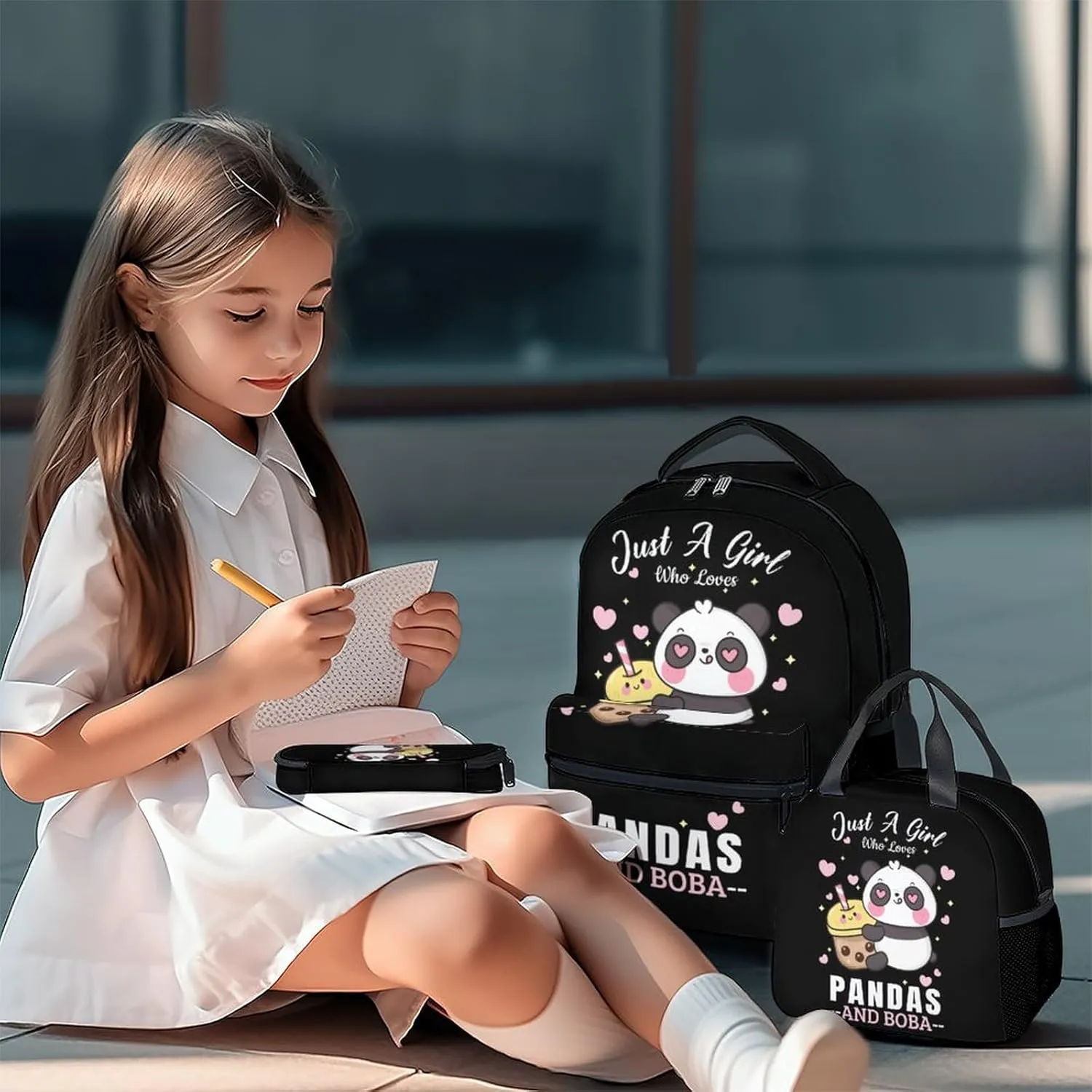 Panda Backpack with Lunch Box, Set of 3 School Backpacks Matching Combo for Girls Boys, Cute Black Bookbag and Pencil Case Bundle