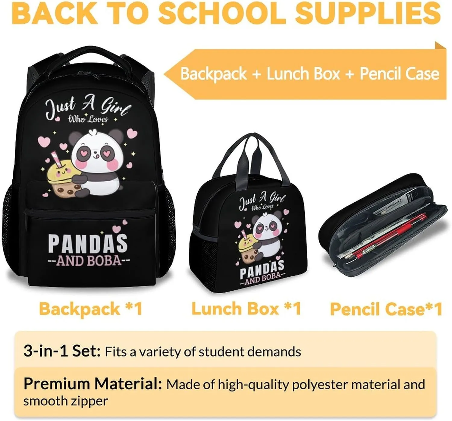 Panda Backpack with Lunch Box, Set of 3 School Backpacks Matching Combo for Girls Boys, Cute Black Bookbag and Pencil Case Bundle