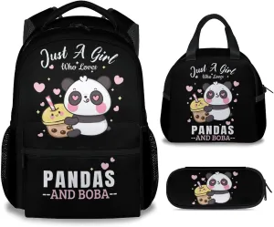 Panda Backpack with Lunch Box, Set of 3 School Backpacks Matching Combo for Girls Boys, Cute Black Bookbag and Pencil Case Bundle
