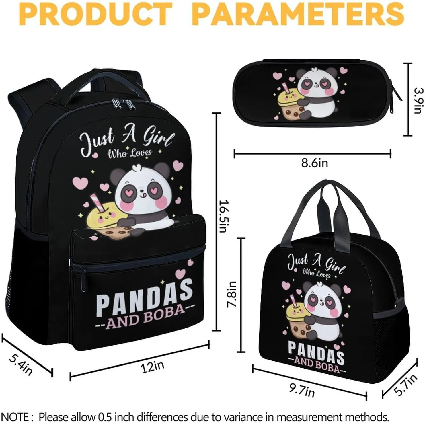 Panda Backpack with Lunch Box, Set of 3 School Backpacks Matching Combo for Girls Boys, Cute Black Bookbag and Pencil Case Bundle