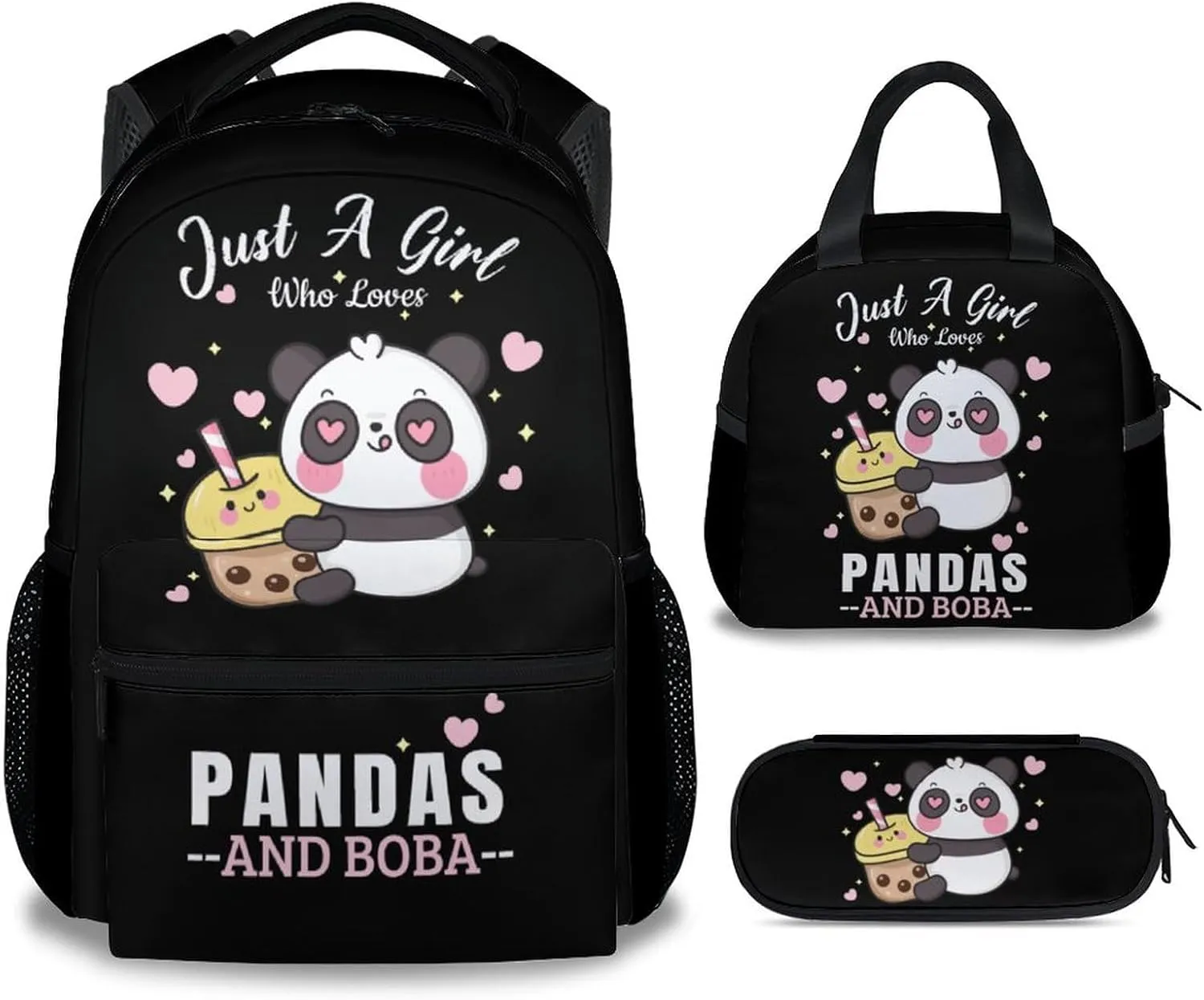 Panda Backpack with Lunch Box, Set of 3 School Backpacks Matching Combo for Girls Boys, Cute Black Bookbag and Pencil Case Bundle