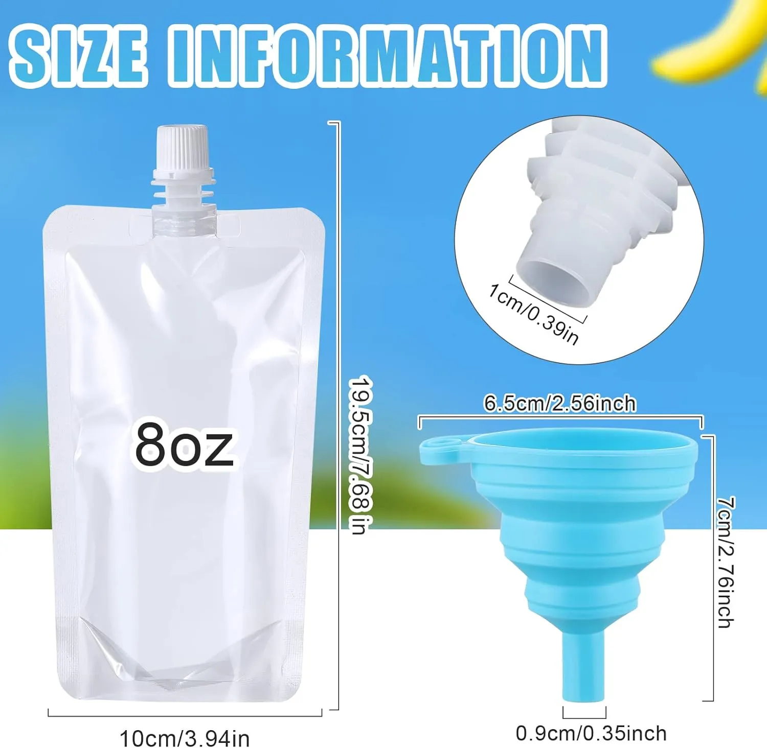 Patelai 150 Pieces Plastic Liquid Pouch Reusable Juice Pouches Travel Water Leak Proof Bags Bulk with Collapsible Silicone Funnel for Travel Outdoor (8 oz)