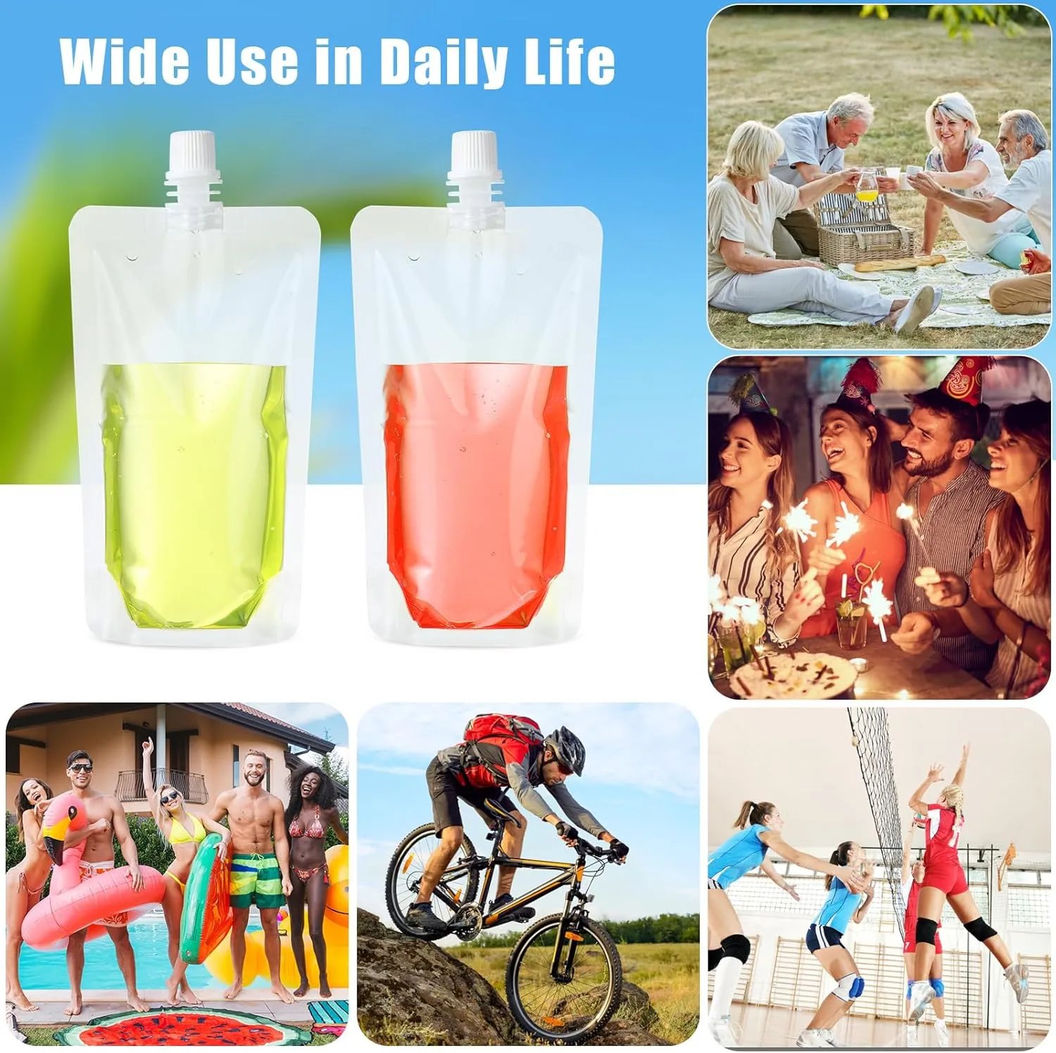 Patelai 150 Pieces Plastic Liquid Pouch Reusable Juice Pouches Travel Water Leak Proof Bags Bulk with Collapsible Silicone Funnel for Travel Outdoor (8 oz)