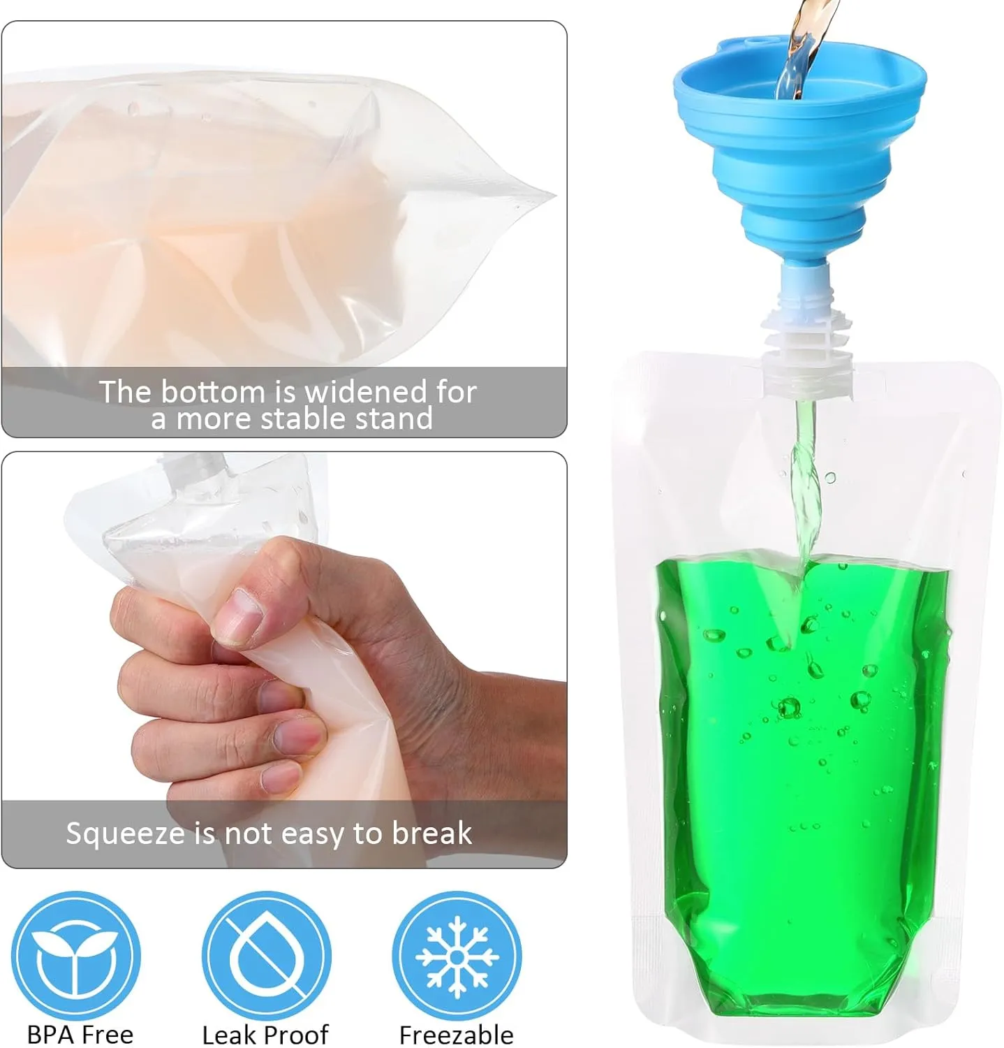 Patelai 150 Pieces Plastic Liquid Pouch Reusable Juice Pouches Travel Water Leak Proof Bags Bulk with Collapsible Silicone Funnel for Travel Outdoor (8 oz)