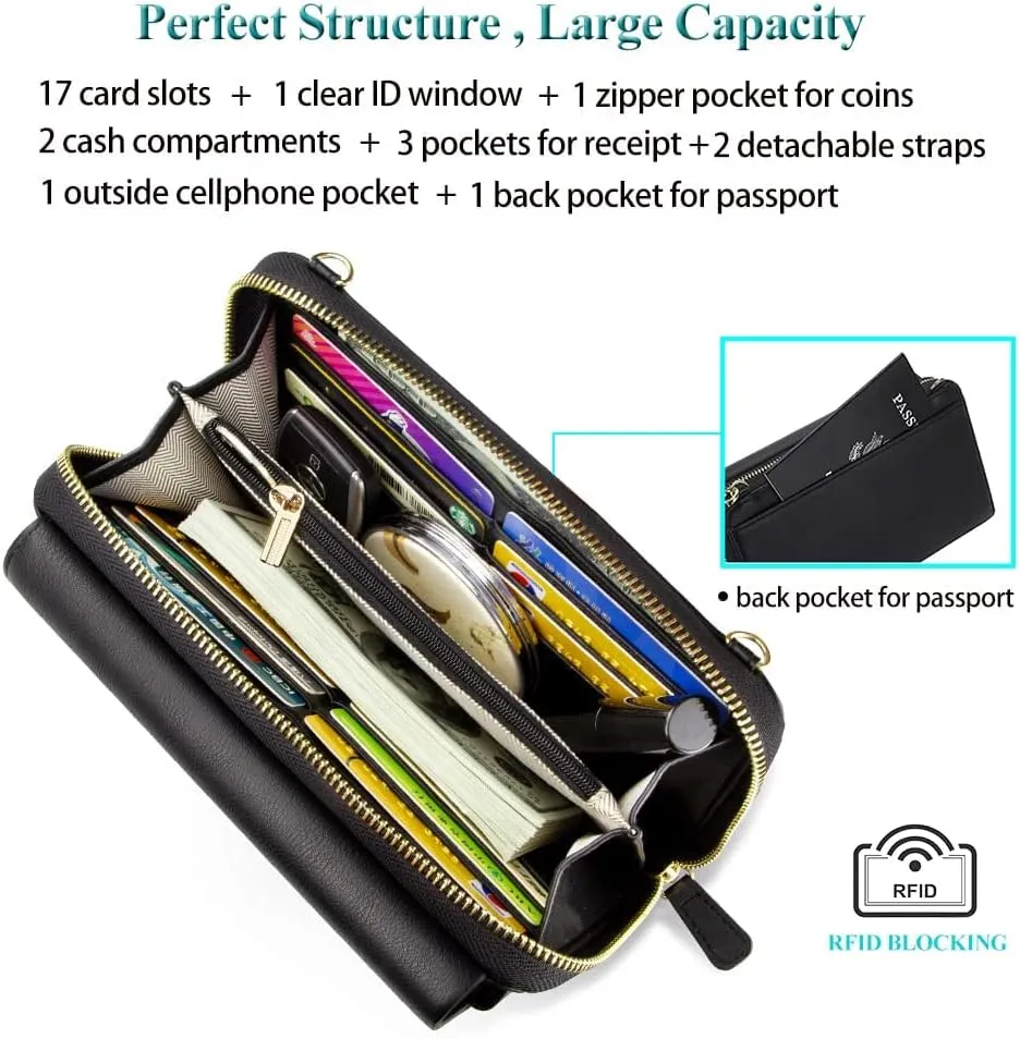Peacocktion Women Wallet Purse Card Holder with RFID, Large Capacity Crossbody Wristlet Clutch 2 Straps