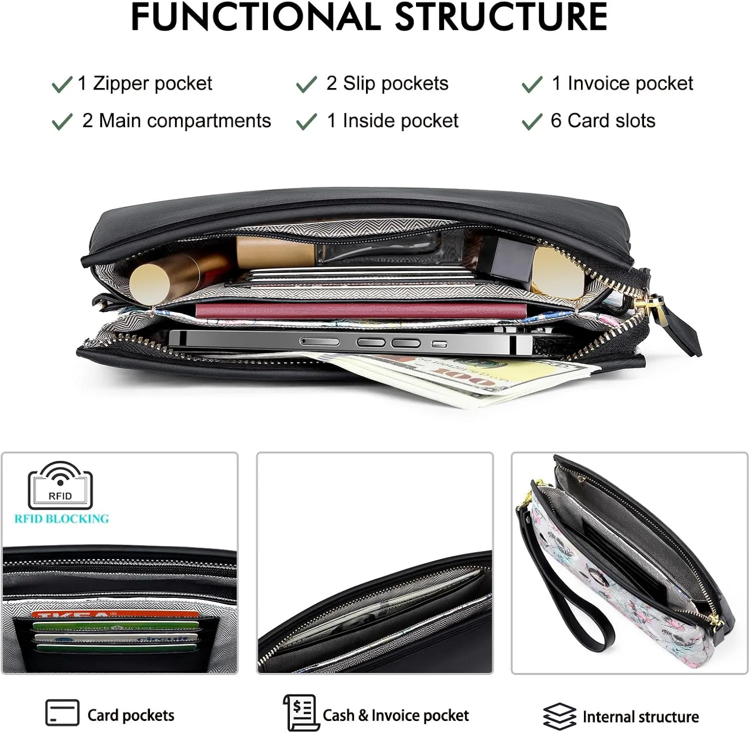 Peacocktion Wristlet Clutch Purses for Women, Leather RFID Wristlet Wallets for Women with Zipper, Travel Purse