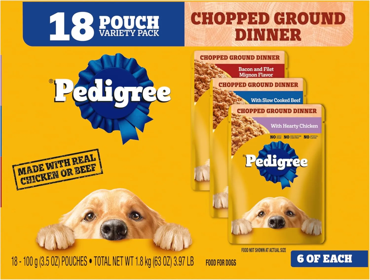 PEDIGREE CHOPPED GROUND DINNER Adult Soft Wet Dog Food 18-Count Variety Pack, 3.5 oz Pouches