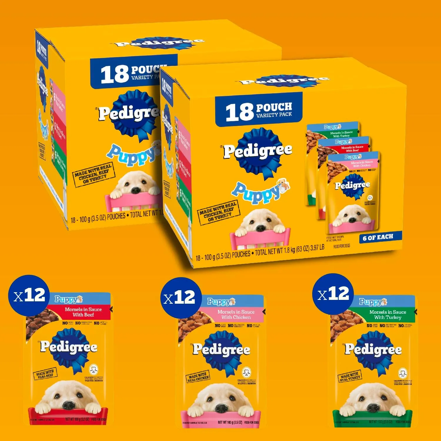 Pedigree Puppy Soft Wet Dog Food 18-Count Variety Pack, 3.5 oz Pouches