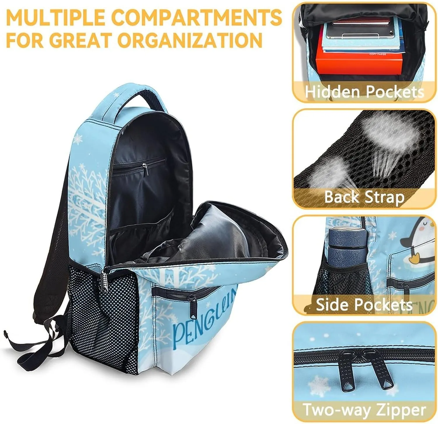 Penguin Backpack with Lunch Box, Set of 3 School Backpacks Matching Combo for Girls Boys, Cute Blue Bookbag and Pencil Case Bundle