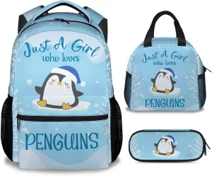 Penguin Backpack with Lunch Box, Set of 3 School Backpacks Matching Combo for Girls Boys, Cute Blue Bookbag and Pencil Case Bundle