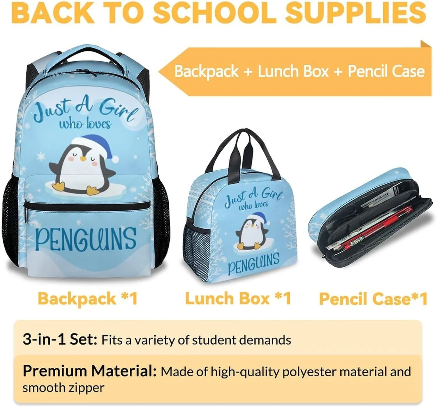 Penguin Backpack with Lunch Box, Set of 3 School Backpacks Matching Combo for Girls Boys, Cute Blue Bookbag and Pencil Case Bundle