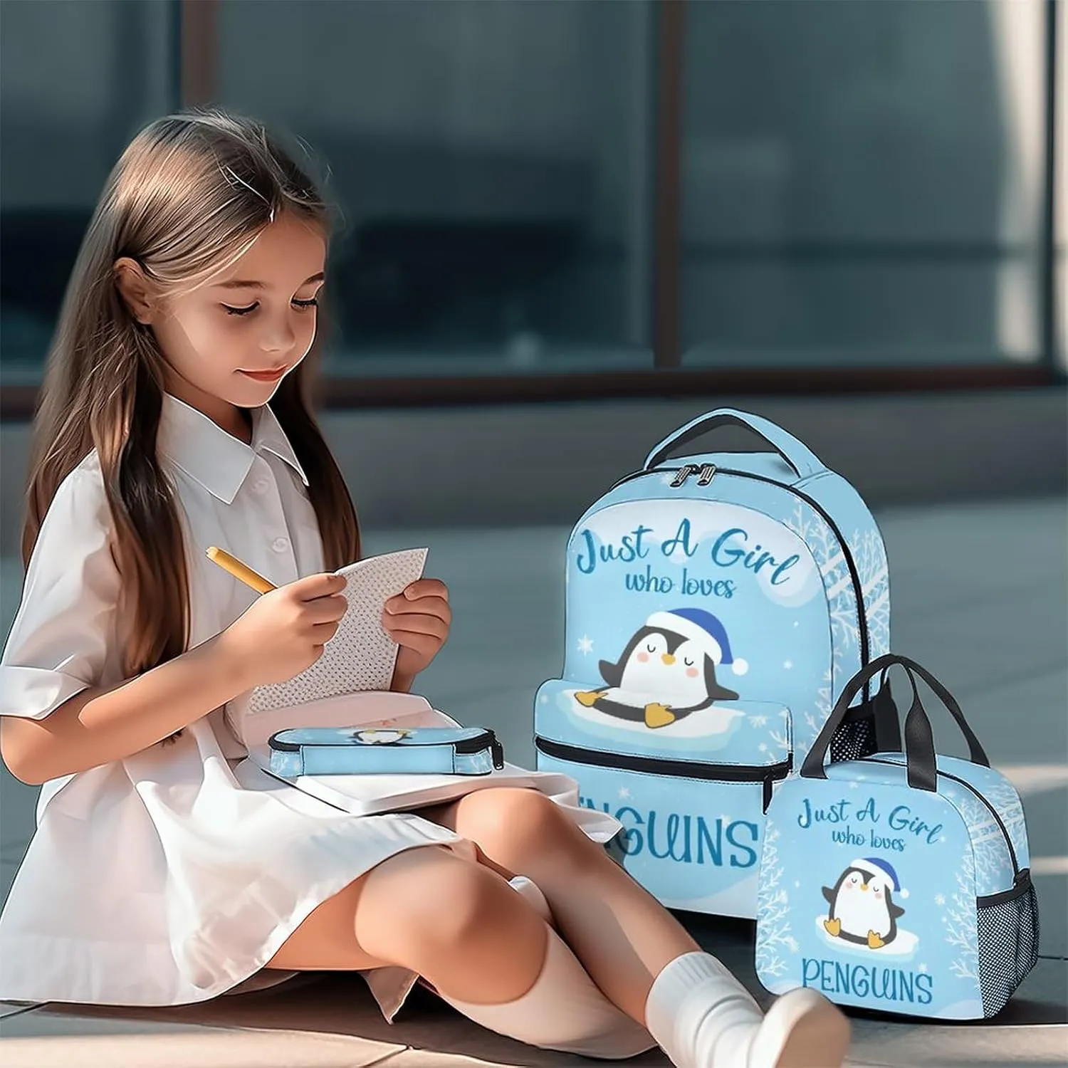 Penguin Backpack with Lunch Box, Set of 3 School Backpacks Matching Combo for Girls Boys, Cute Blue Bookbag and Pencil Case Bundle