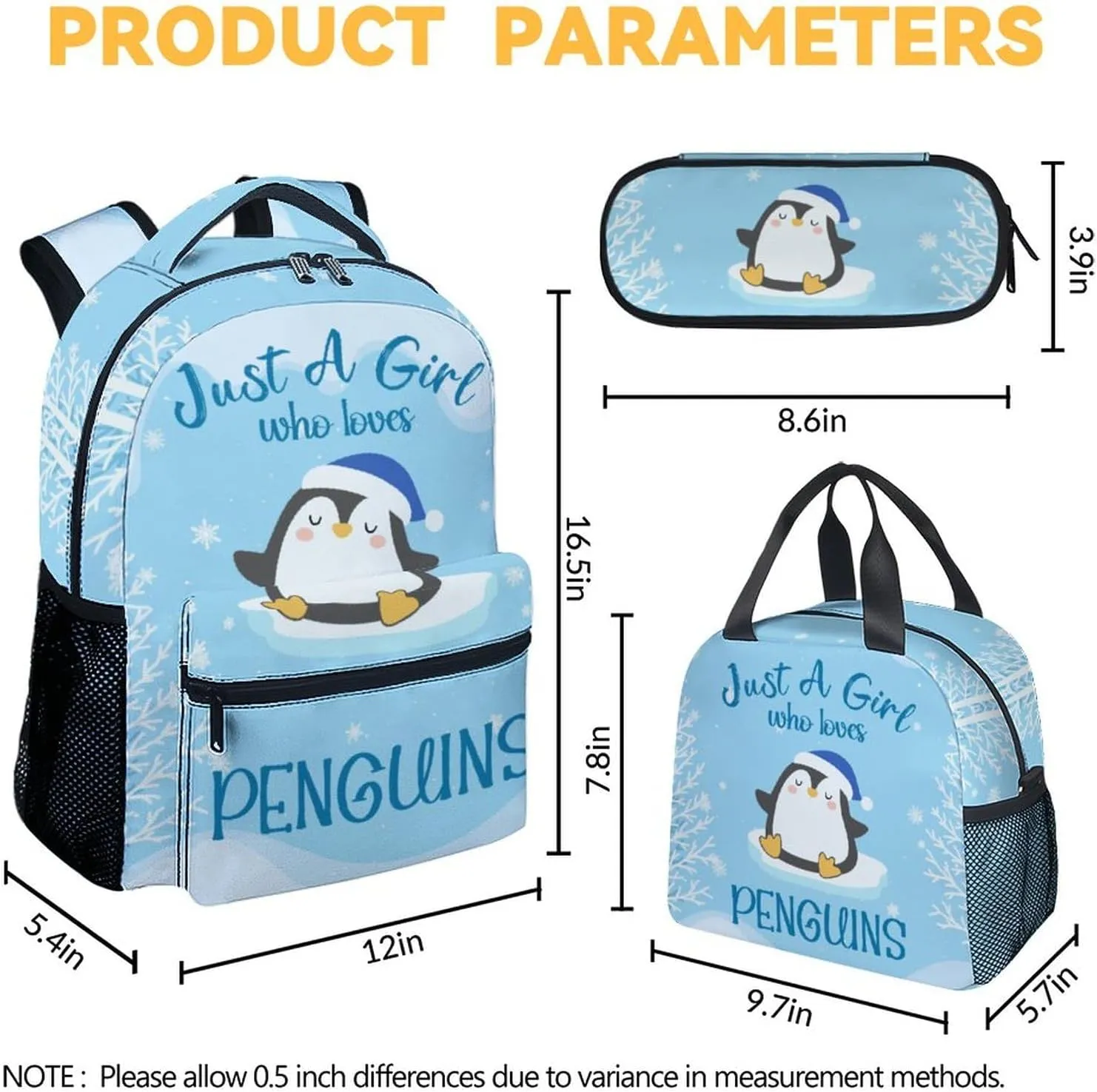 Penguin Backpack with Lunch Box, Set of 3 School Backpacks Matching Combo for Girls Boys, Cute Blue Bookbag and Pencil Case Bundle