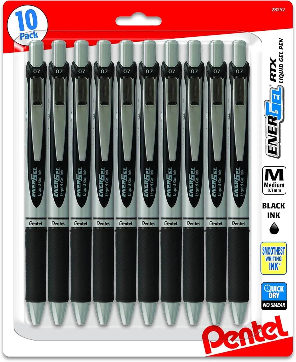 Pentel Energel 0.7 mm RTX Retractable, Black Ink Pens Metal Tip, Medium Point Energel Liquid Gel Ink Pens 0.7 mm. Pack of 10