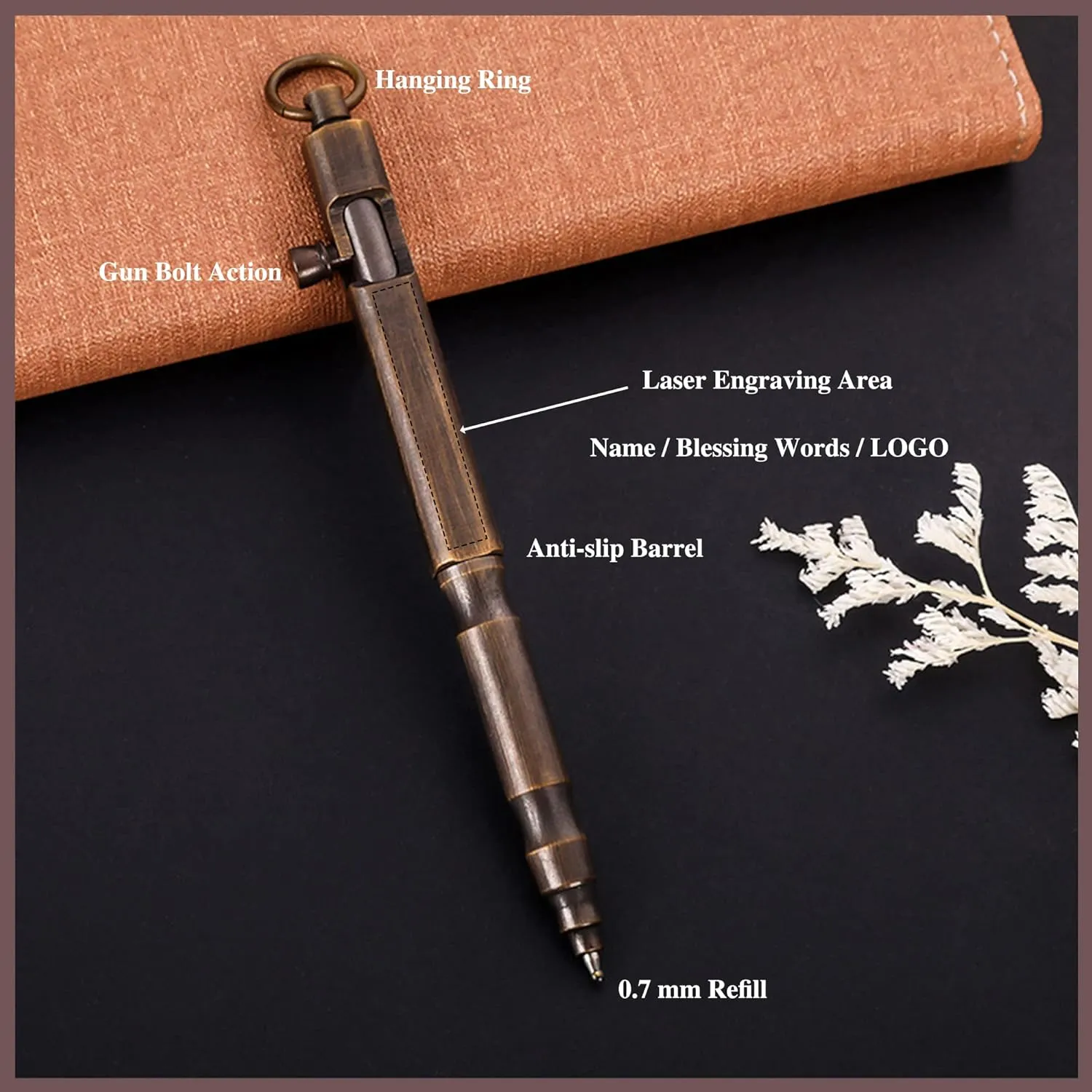 Personalized Bolt Action Pen Gift Set Free Engraved Customed Pocket EDC Brass Ballpoint Pen with 3 Refills Engravable for Personalization Office Decor Pen(Style 1 - Bronze)