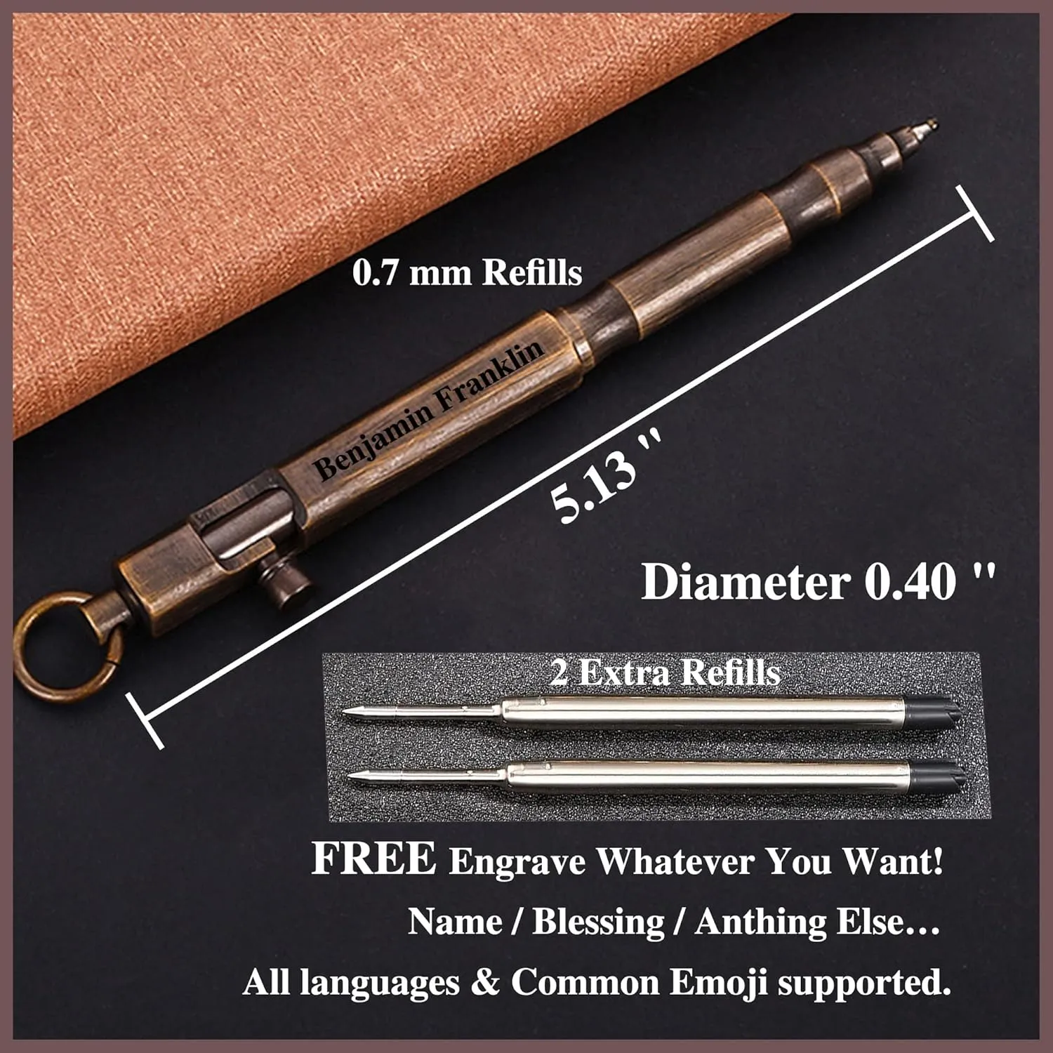 Personalized Bolt Action Pen Gift Set Free Engraved Customed Pocket EDC Brass Ballpoint Pen with 3 Refills Engravable for Personalization Office Decor Pen(Style 1 - Bronze)