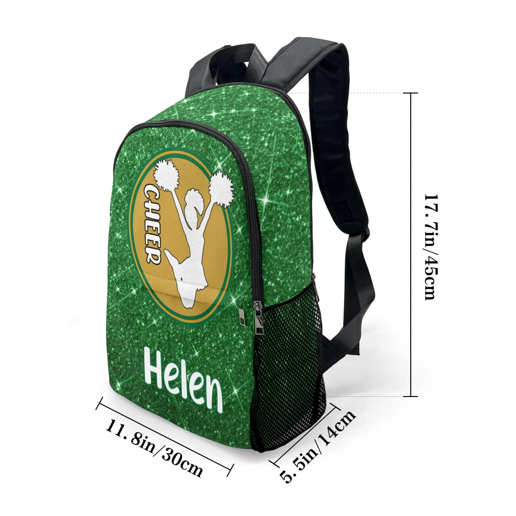 Personalized Cheer Cheerleader Green Black Red Blue Gold Grey Pink Purple All Over Print Casual Name Backpack