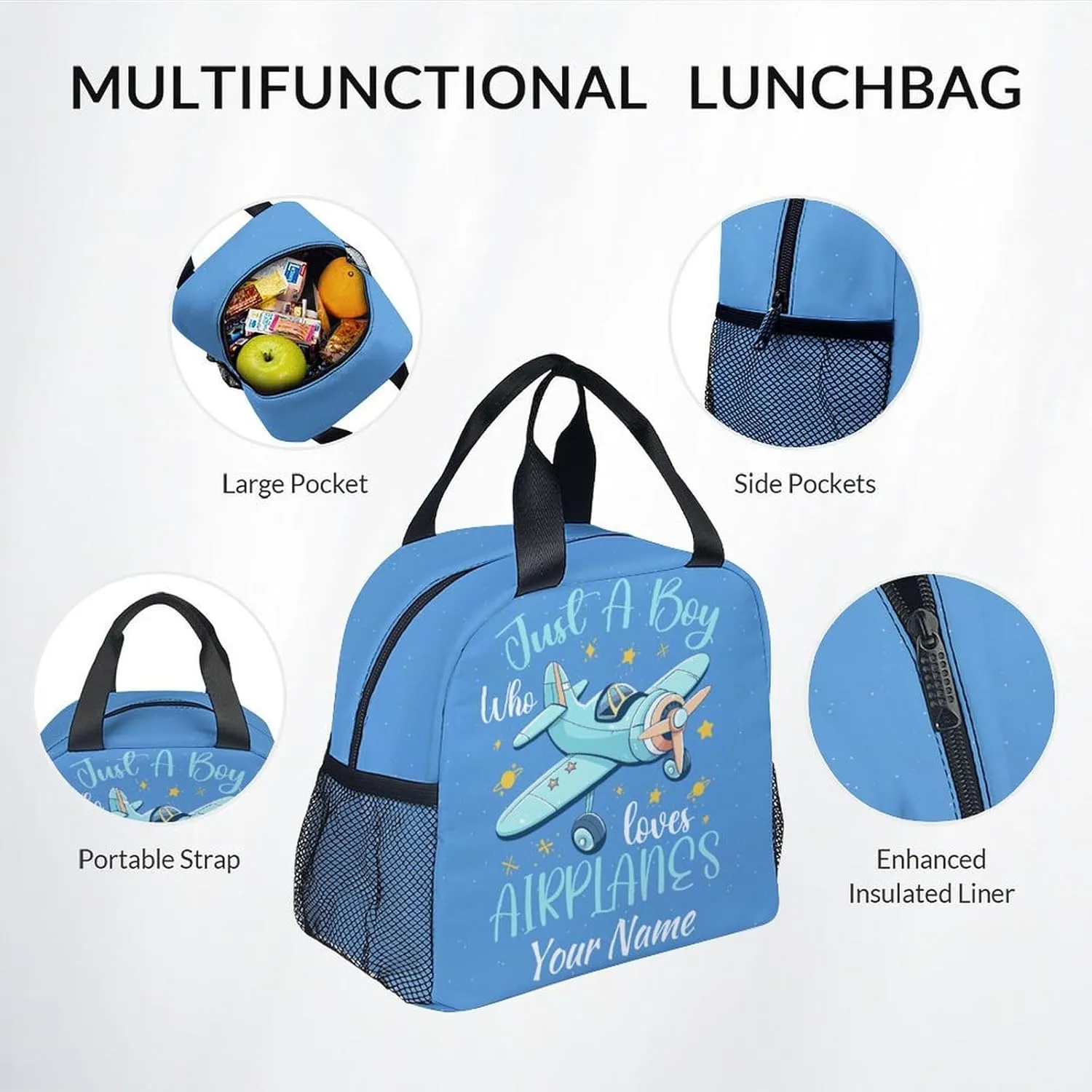 Personalized Kids Backpack with Lunch Box - Cartoon Airplane Preppy Backpack for School - Lightweight Blue Travel Backpacks for Boys