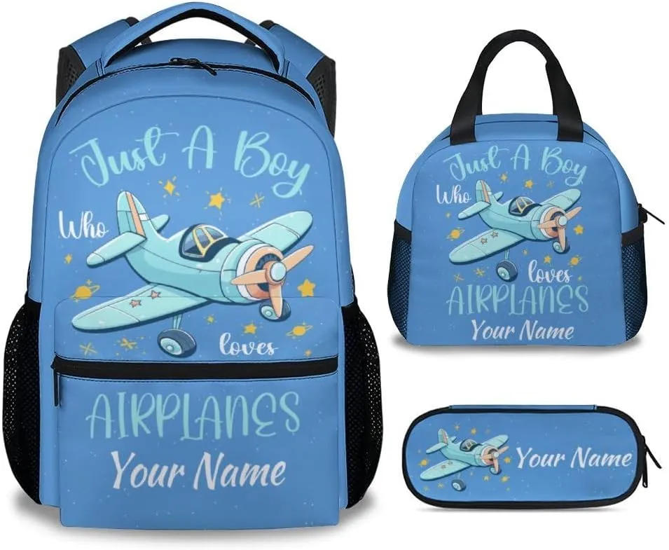 Personalized Kids Backpack with Lunch Box - Cartoon Airplane Preppy Backpack for School - Lightweight Blue Travel Backpacks for Boys