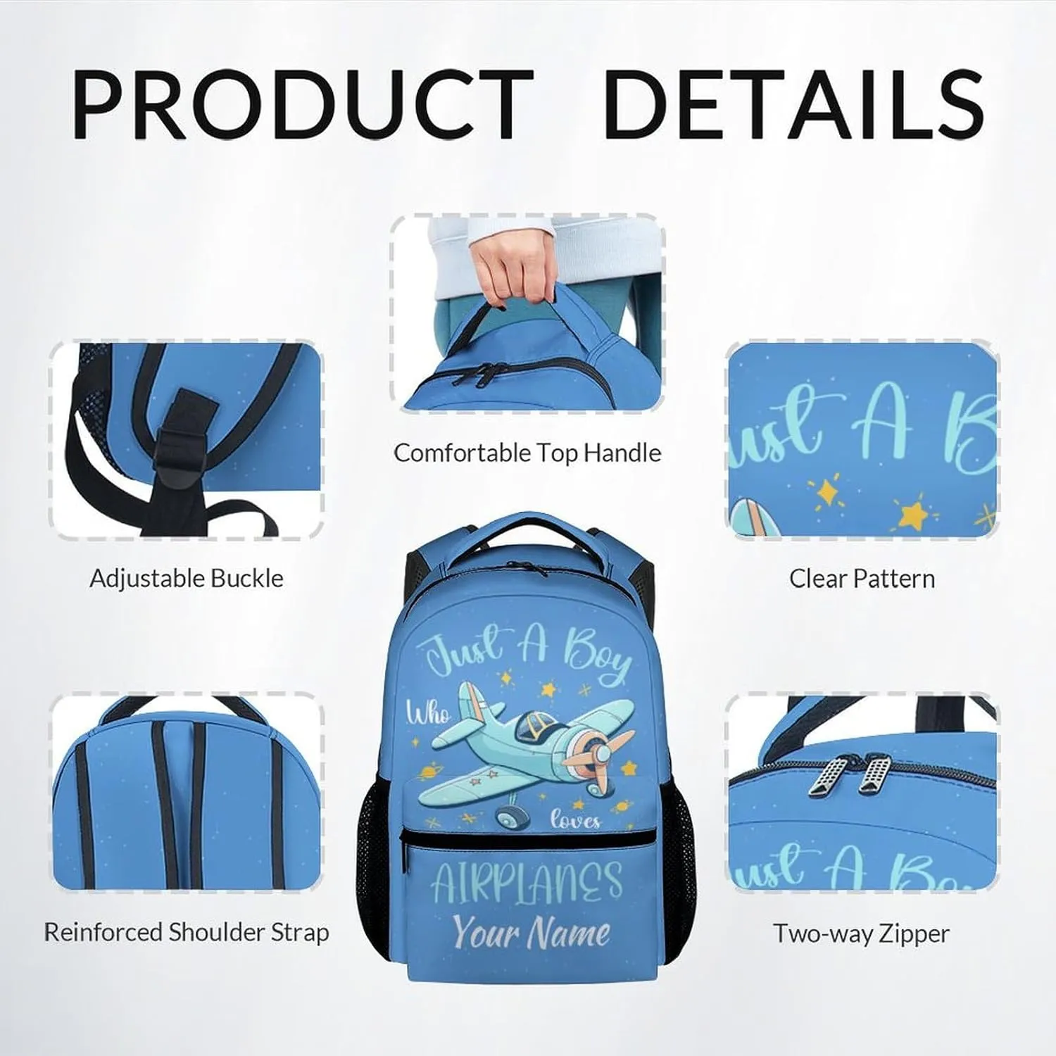 Personalized Kids Backpack with Lunch Box - Cartoon Airplane Preppy Backpack for School - Lightweight Blue Travel Backpacks for Boys