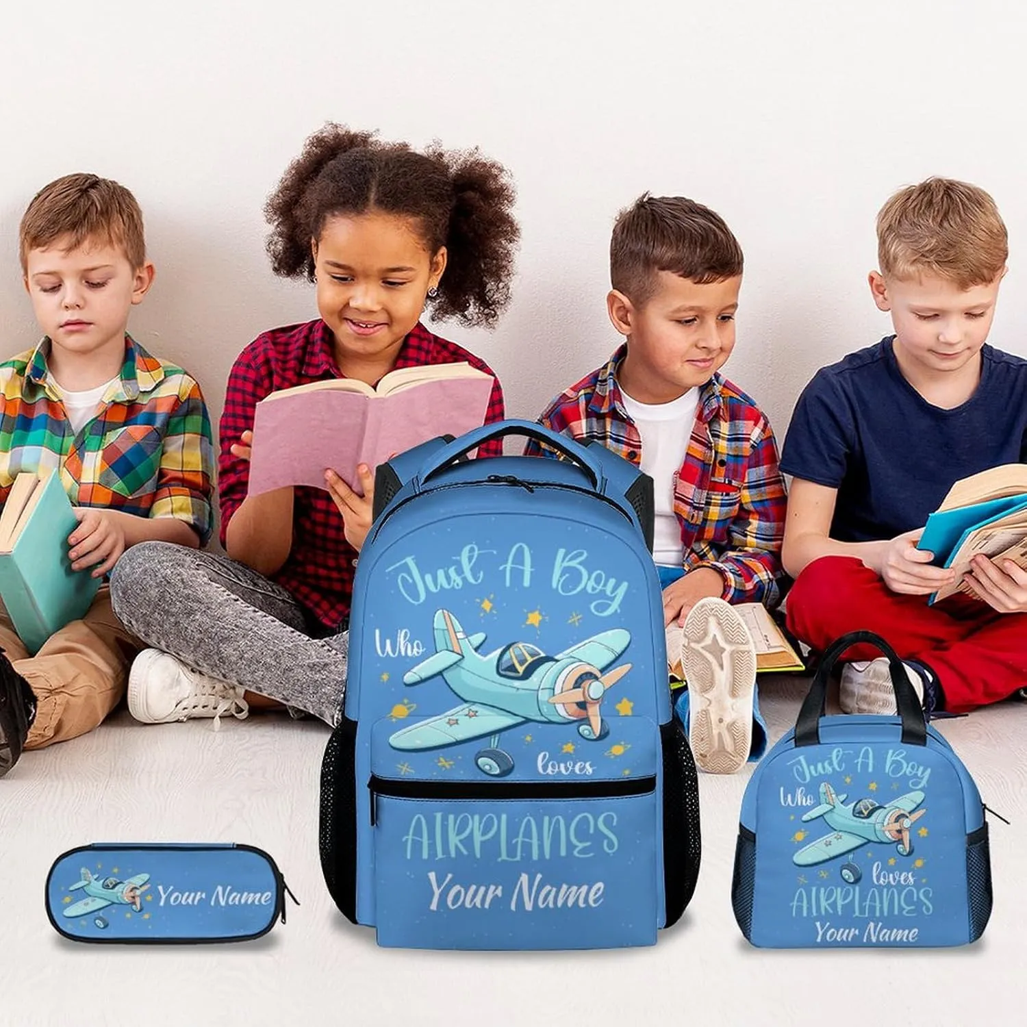 Personalized Kids Backpack with Lunch Box - Cartoon Airplane Preppy Backpack for School - Lightweight Blue Travel Backpacks for Boys