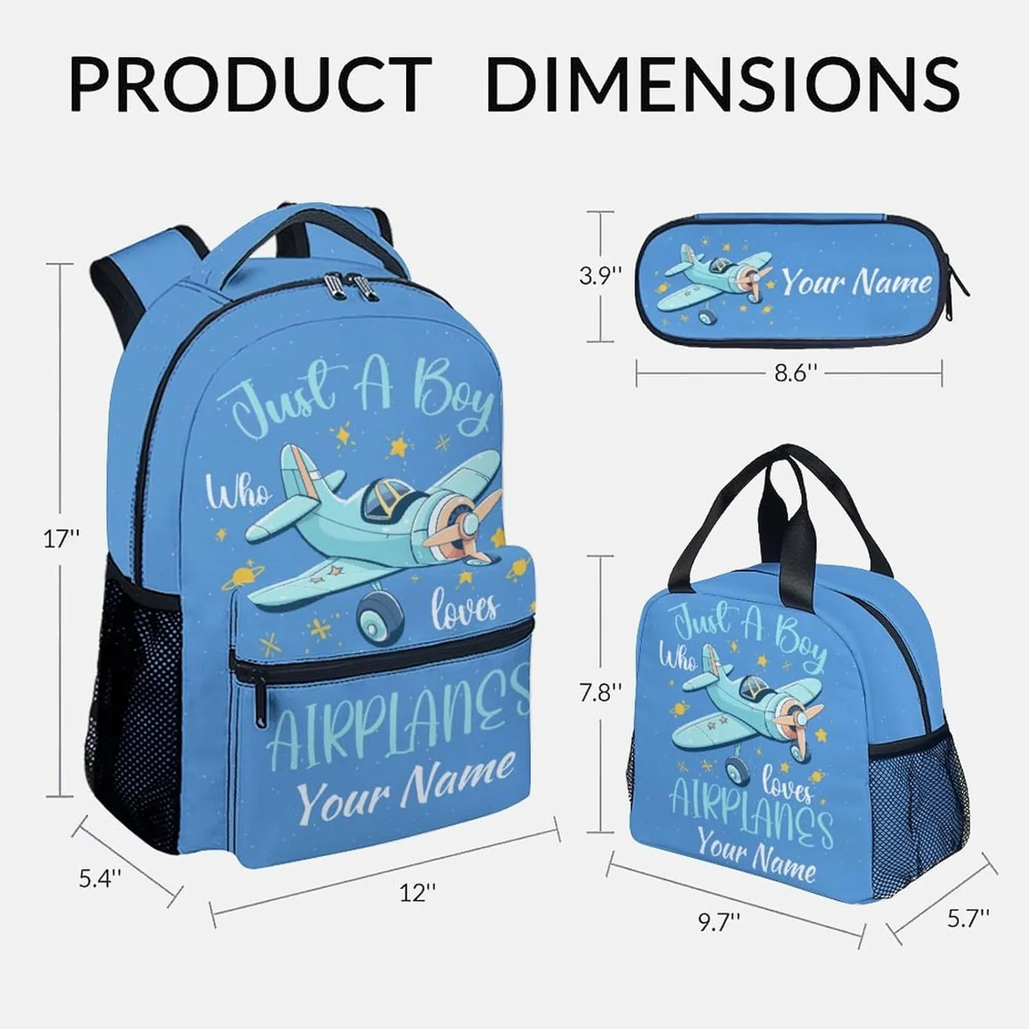 Personalized Kids Backpack with Lunch Box - Cartoon Airplane Preppy Backpack for School - Lightweight Blue Travel Backpacks for Boys