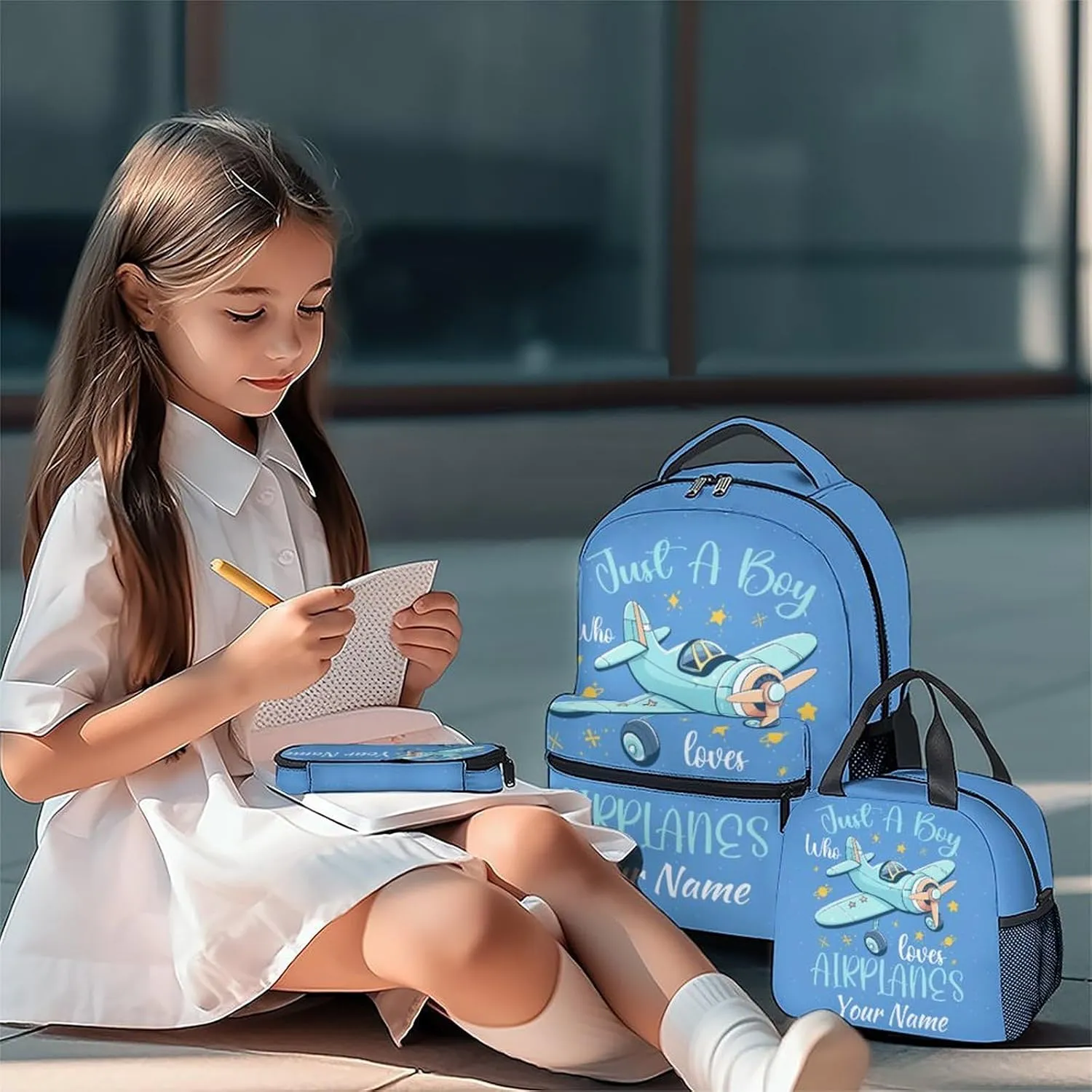 Personalized Kids Backpack with Lunch Box - Cartoon Airplane Preppy Backpack for School - Lightweight Blue Travel Backpacks for Boys