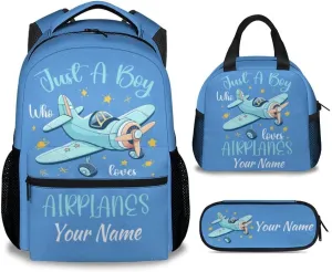 Personalized Kids Backpack with Lunch Box - Cartoon Airplane Preppy Backpack for School - Lightweight Blue Travel Backpacks for Boys