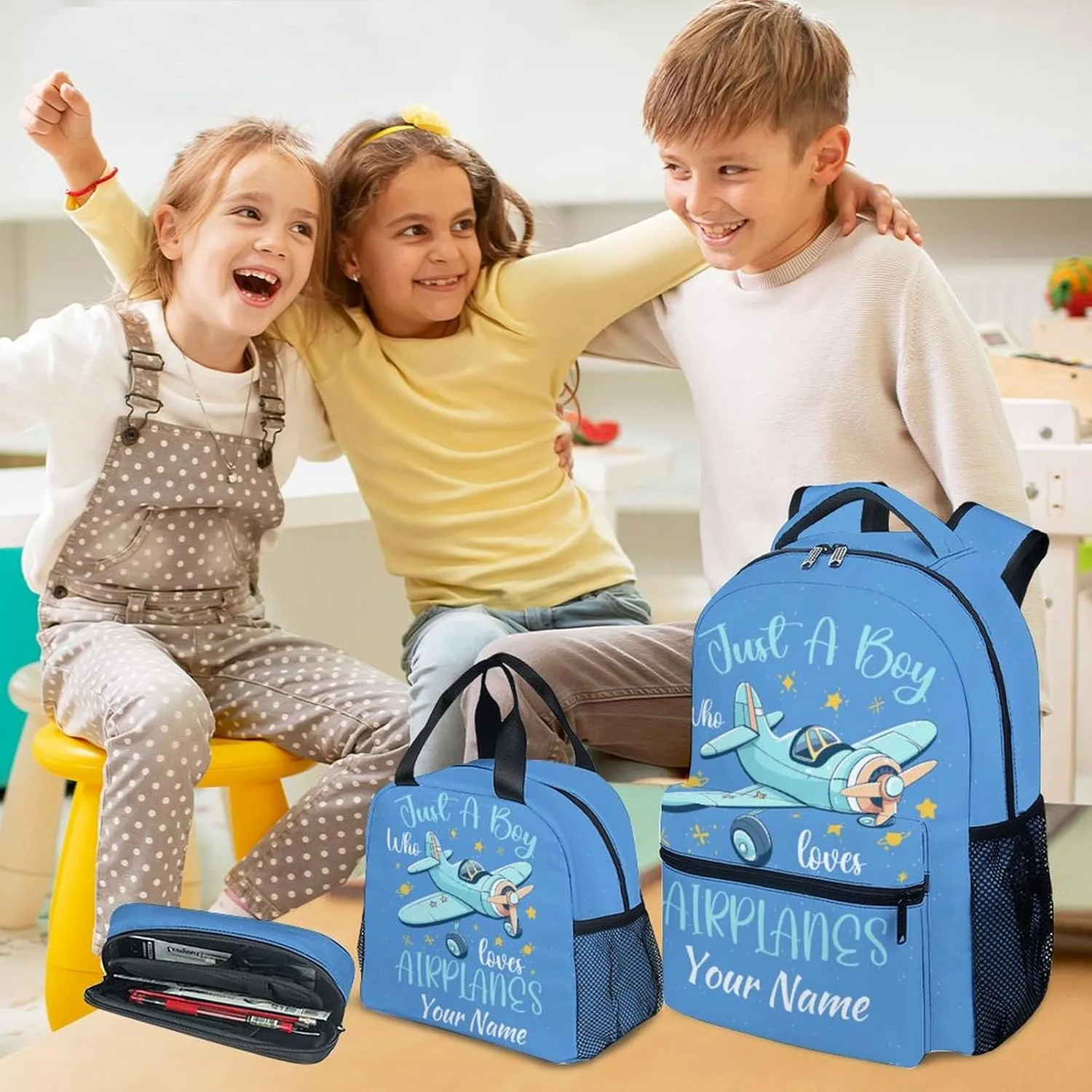 Personalized Kids Backpack with Lunch Box - Cartoon Airplane Preppy Backpack for School - Lightweight Blue Travel Backpacks for Boys