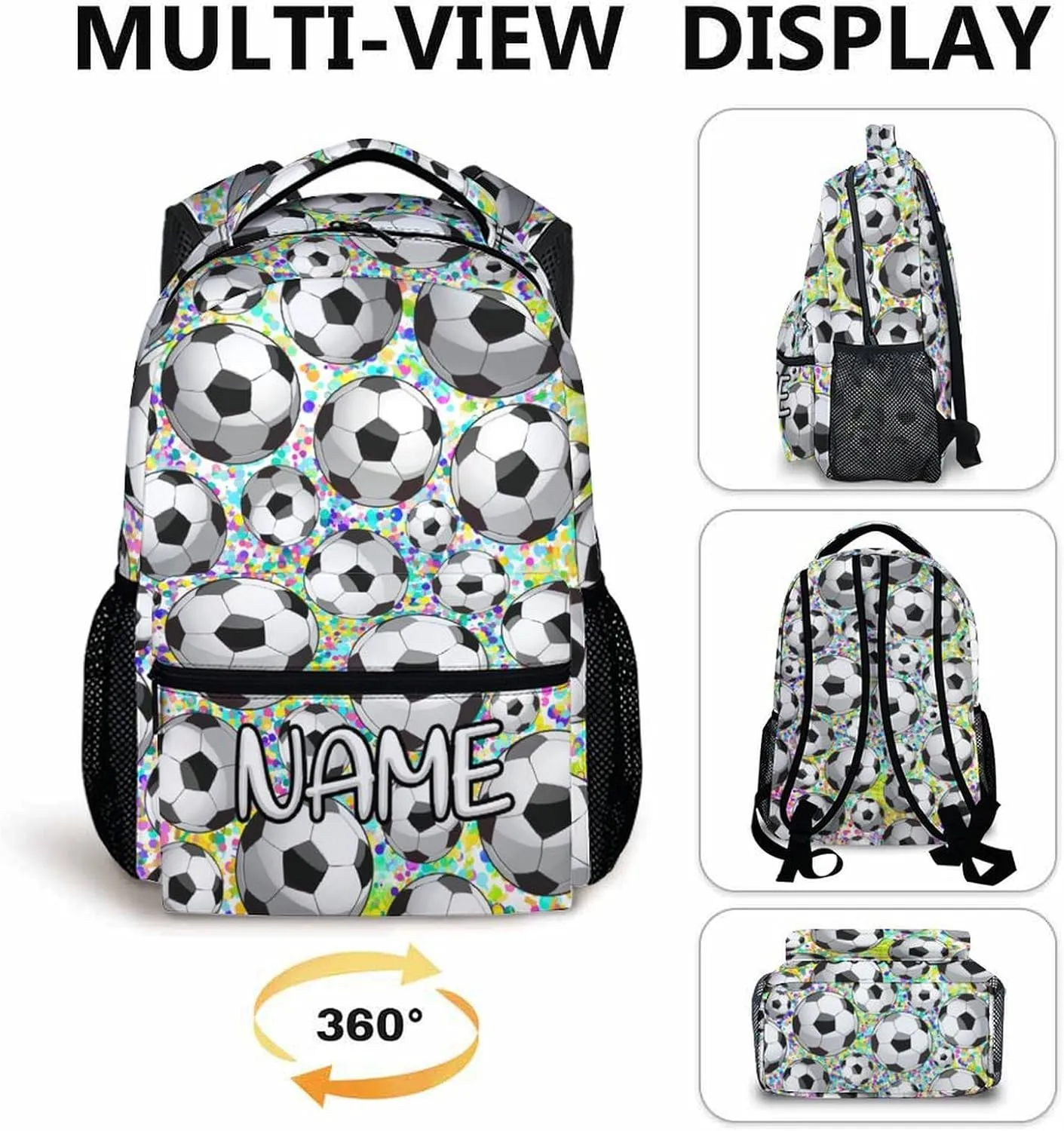 Personalized Kids Boys Girls Soccer School Backpack, 16" White Backpacks for School, Custom Cool Pattern Back to School Bookbag for Kids Students