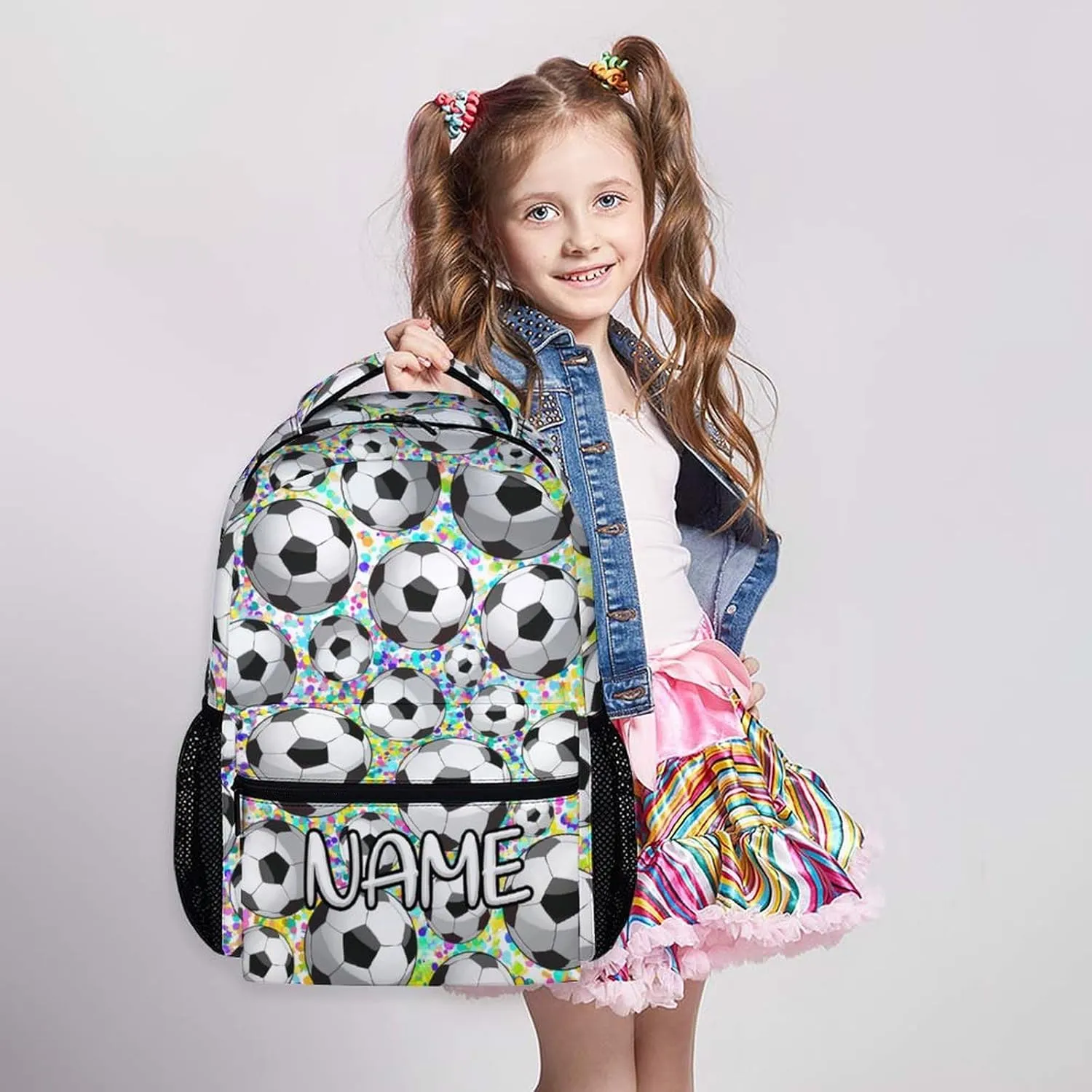 Personalized Kids Boys Girls Soccer School Backpack, 16" White Backpacks for School, Custom Cool Pattern Back to School Bookbag for Kids Students