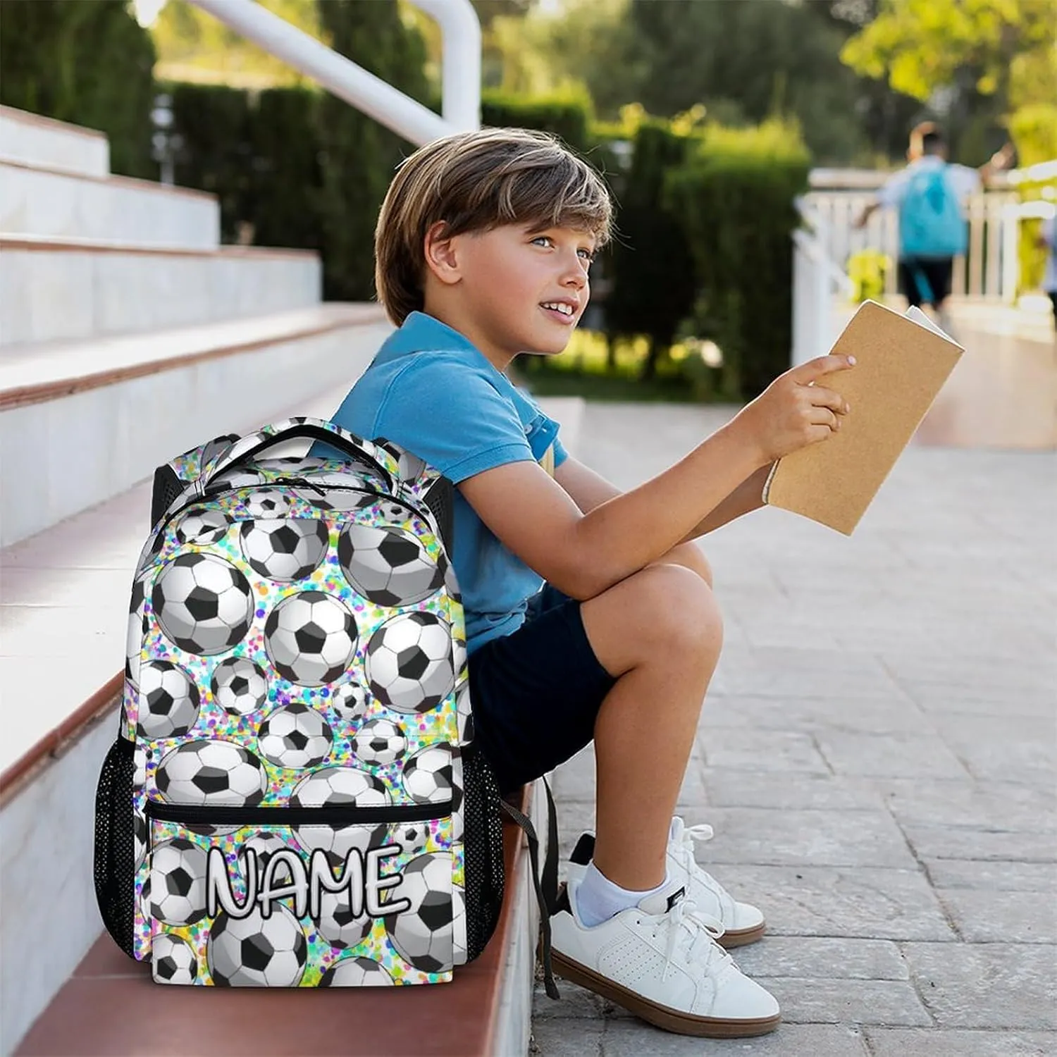 Personalized Kids Boys Girls Soccer School Backpack, 16" White Backpacks for School, Custom Cool Pattern Back to School Bookbag for Kids Students