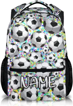 Personalized Kids Boys Girls Soccer School Backpack, 16" White Backpacks for School, Custom Cool Pattern Back to School Bookbag for Kids Students