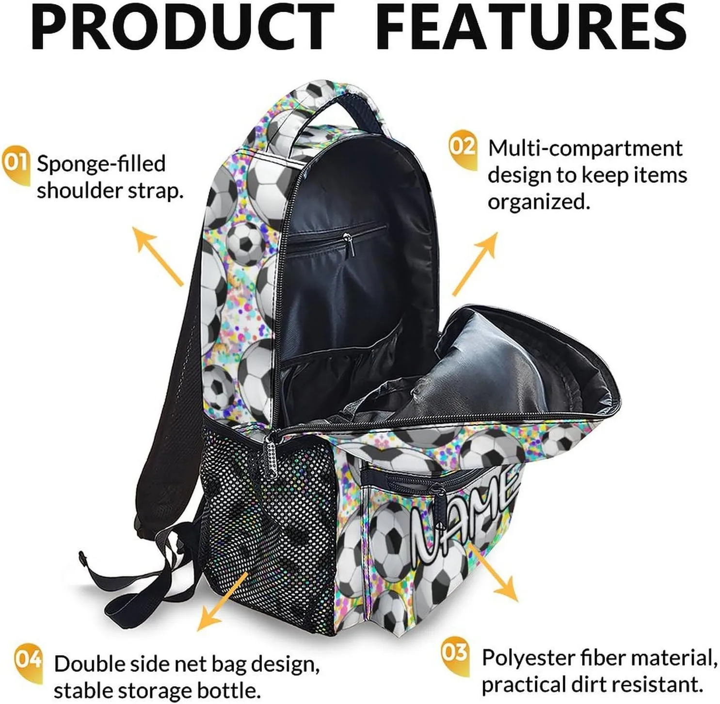 Personalized Kids Boys Girls Soccer School Backpack, 16" White Backpacks for School, Custom Cool Pattern Back to School Bookbag for Kids Students