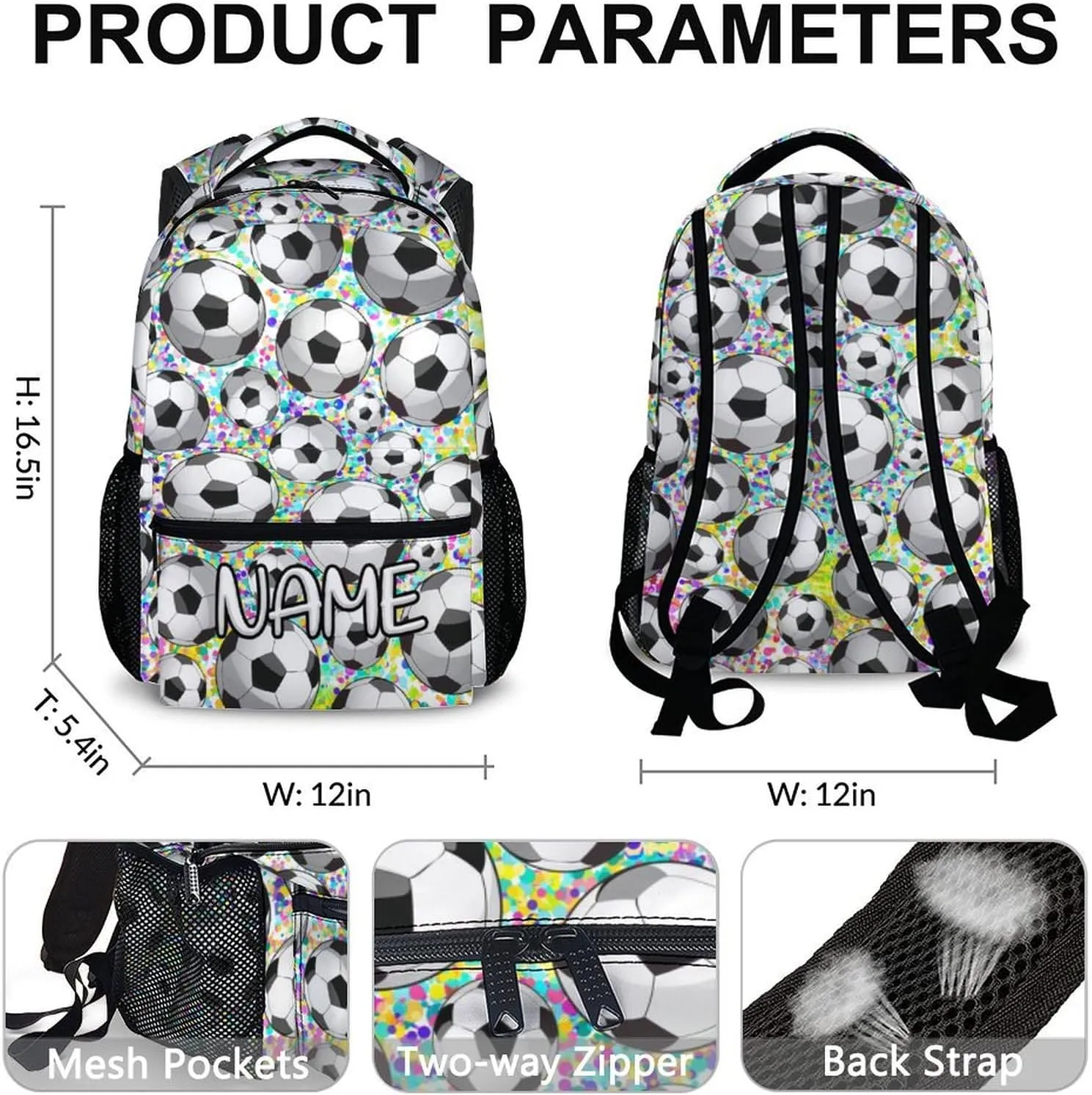 Personalized Kids Boys Girls Soccer School Backpack, 16" White Backpacks for School, Custom Cool Pattern Back to School Bookbag for Kids Students