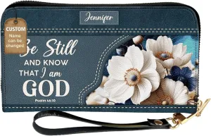 Personalized Leather Bible Clutch Wristlet Wallet for Women – Custom Name Christian Gifts, Ideal Religious Purse for Church, Mother’s Day Gift (Be Still And Know)