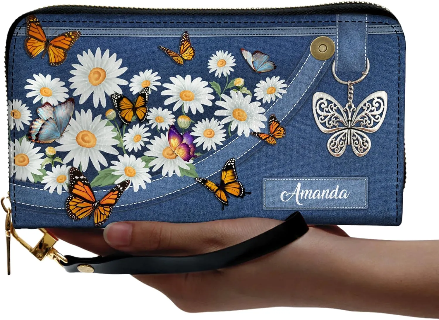 Personalized Leather Bible Clutch Wristlet Wallet for Women – Custom Name Christian Gifts, Ideal Religious Purse for Church, Mother’s Day Gift (Butterfly and Flower)
