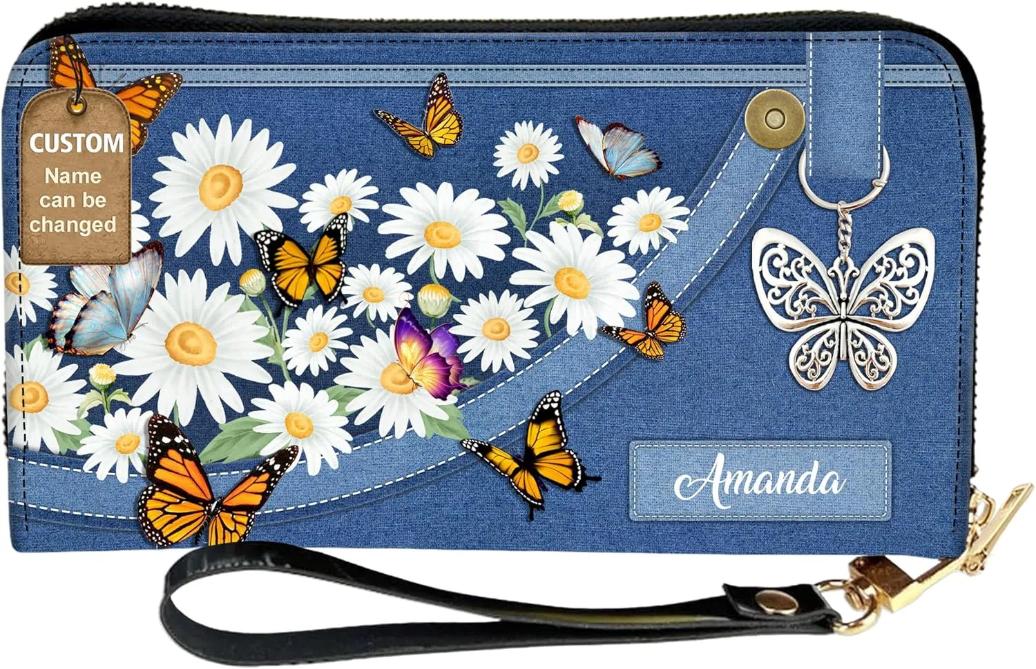 Personalized Leather Bible Clutch Wristlet Wallet for Women – Custom Name Christian Gifts, Ideal Religious Purse for Church, Mother’s Day Gift (Butterfly and Flower)