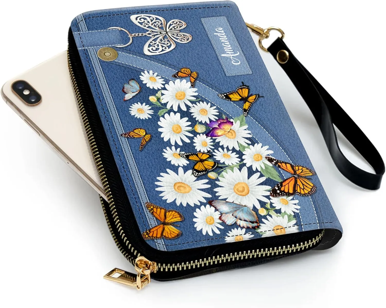 Personalized Leather Bible Clutch Wristlet Wallet for Women – Custom Name Christian Gifts, Ideal Religious Purse for Church, Mother’s Day Gift (Butterfly and Flower)