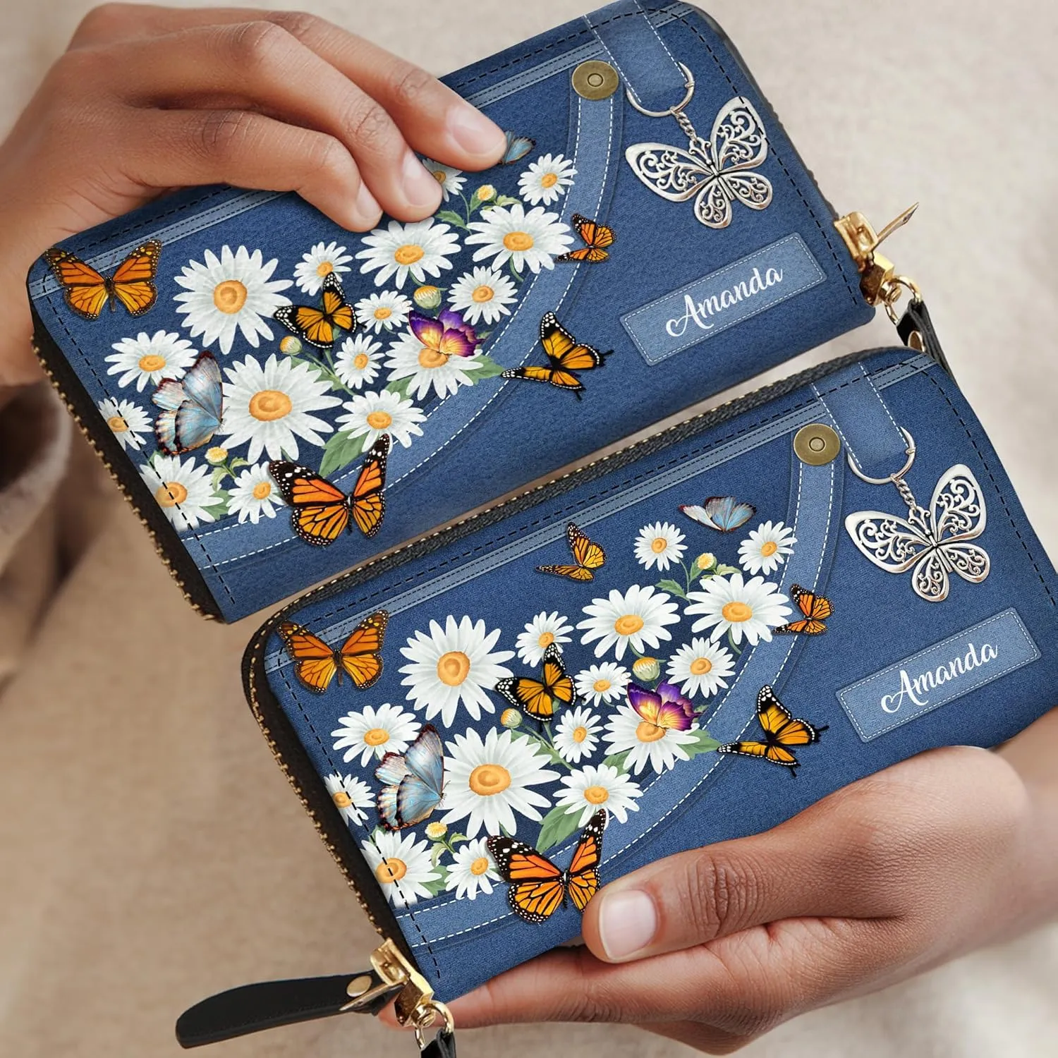 Personalized Leather Bible Clutch Wristlet Wallet for Women – Custom Name Christian Gifts, Ideal Religious Purse for Church, Mother’s Day Gift (Butterfly and Flower)