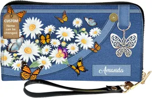 Personalized Leather Bible Clutch Wristlet Wallet for Women – Custom Name Christian Gifts, Ideal Religious Purse for Church, Mother’s Day Gift (Butterfly and Flower)