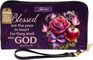 Personalized Leather Bible Clutch Wristlet Wallet for Women – Custom Name Christian Gifts, Ideal Religious Purse for Church, Mother’s Day Gift (God Blessed)
