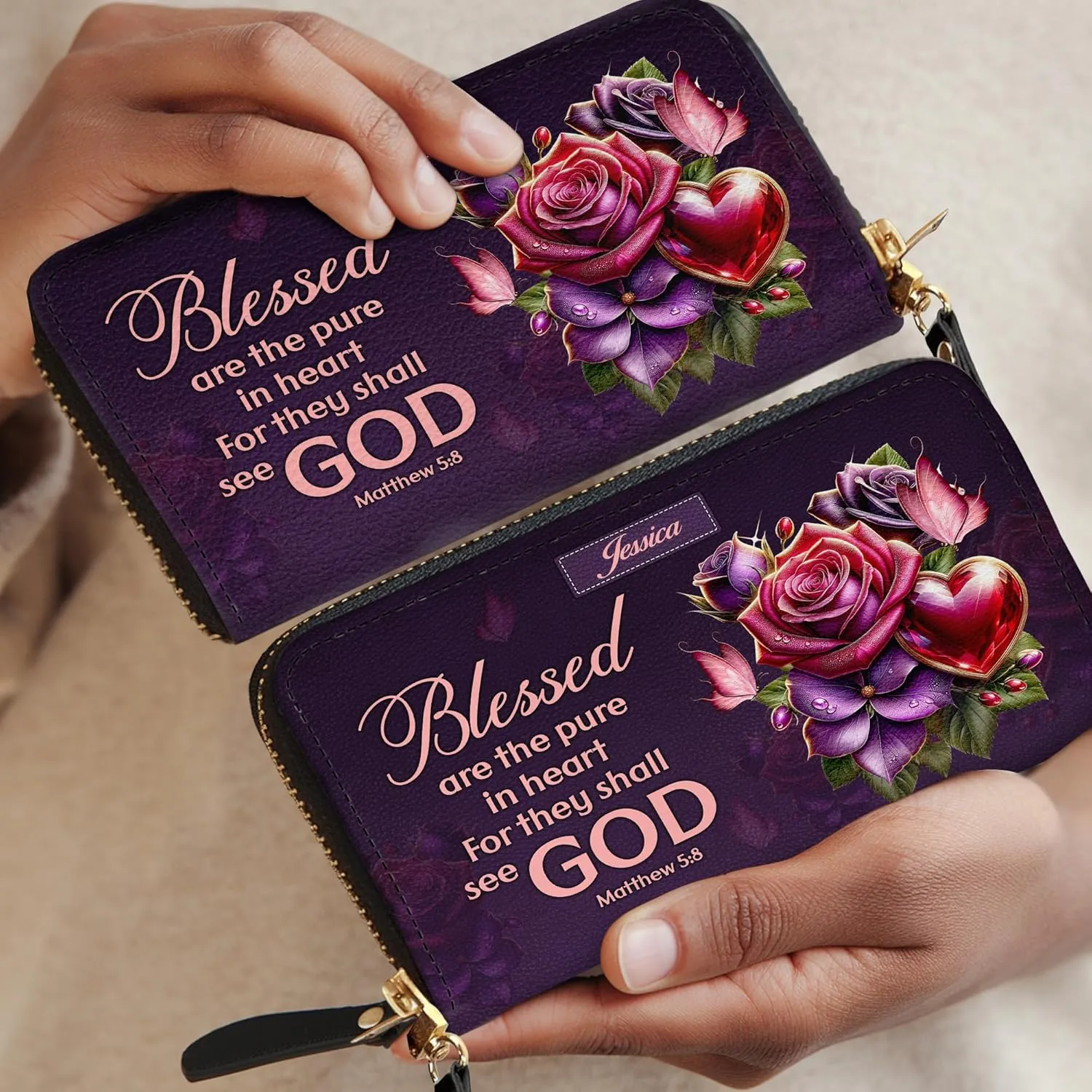 Personalized Leather Bible Clutch Wristlet Wallet for Women – Custom Name Christian Gifts, Ideal Religious Purse for Church, Mother’s Day Gift (God Blessed)